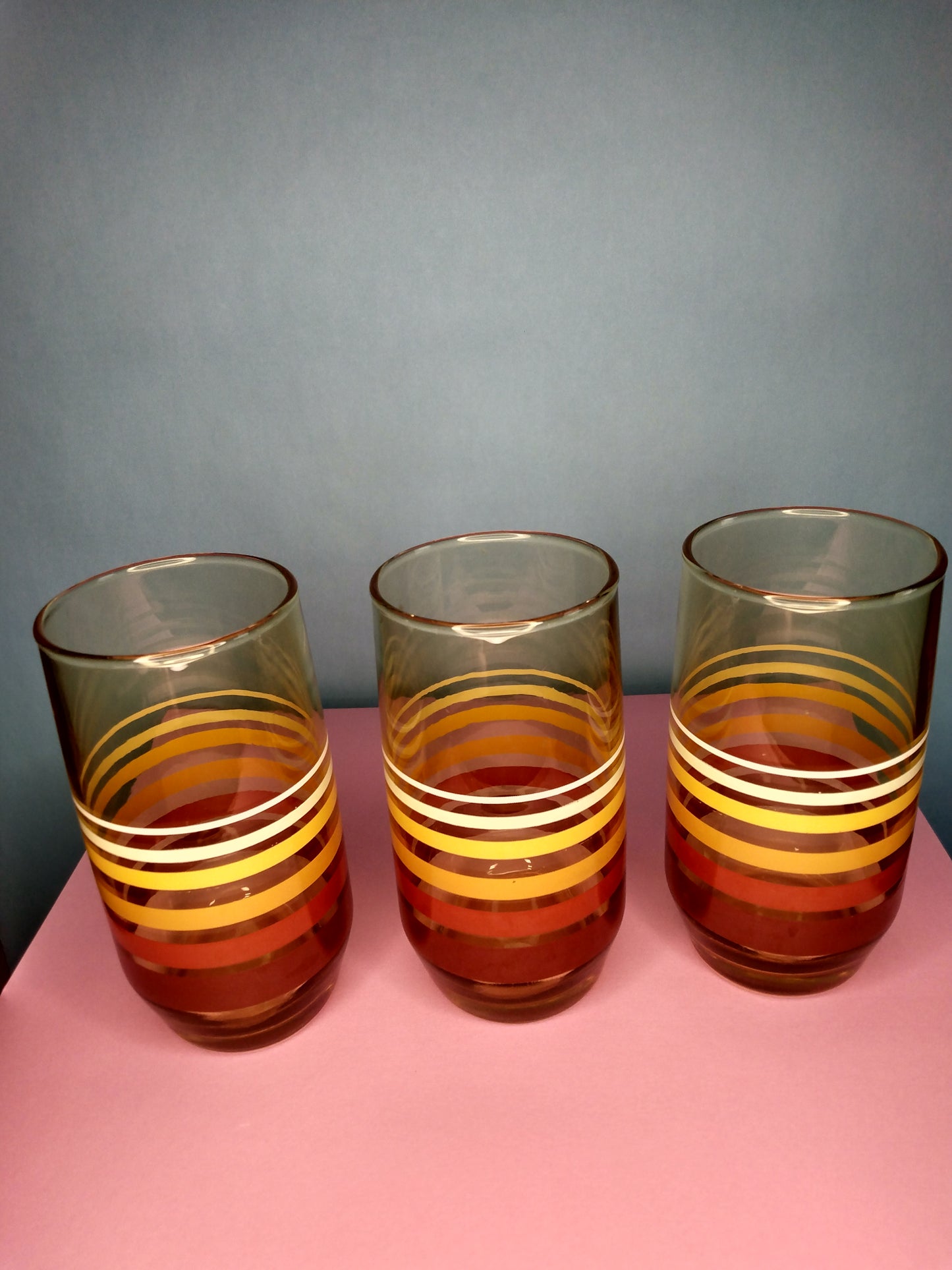 Set of 3 vintage striped amber glasses