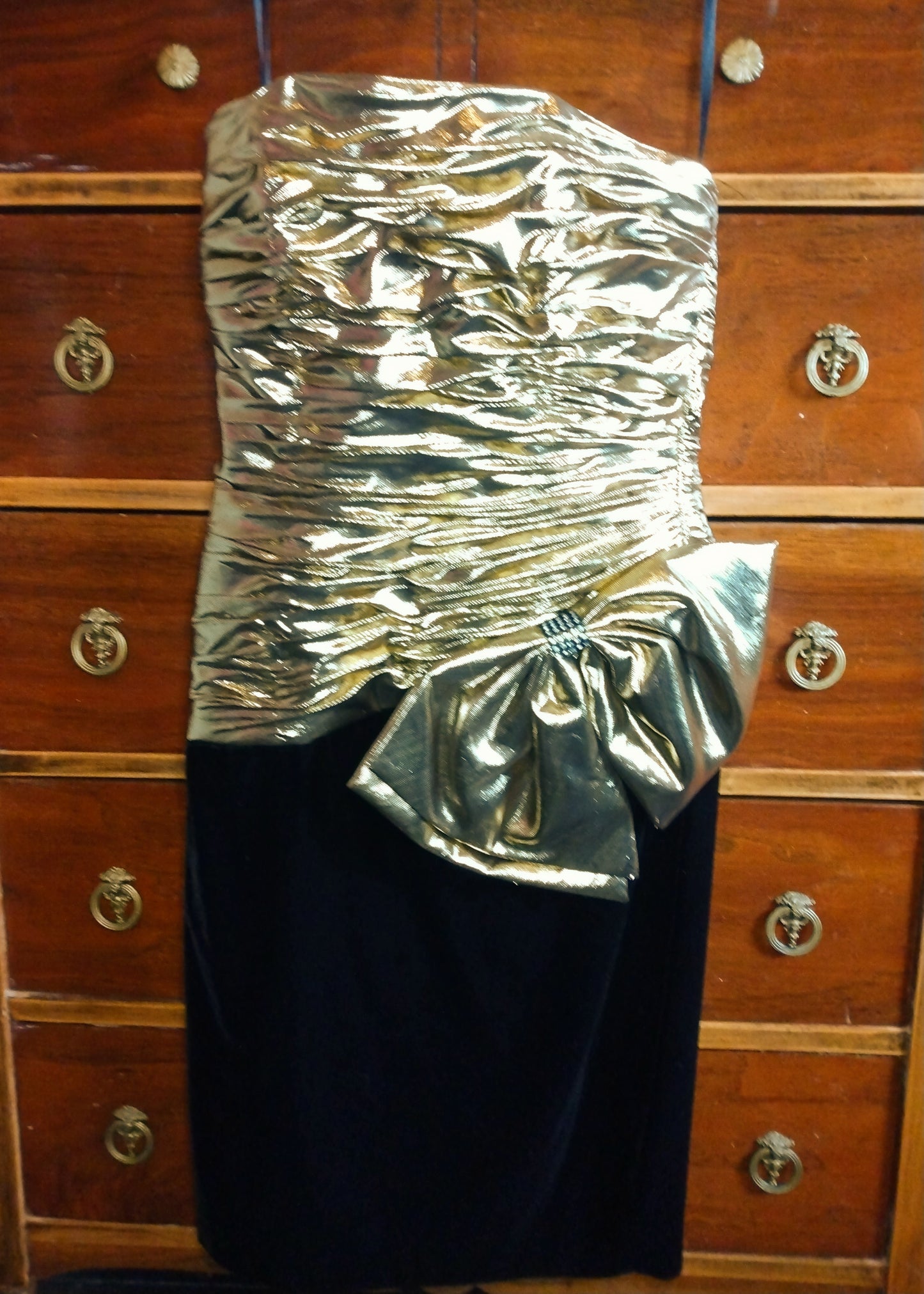 1980s gold taffeta and black velvet strapless mini dress