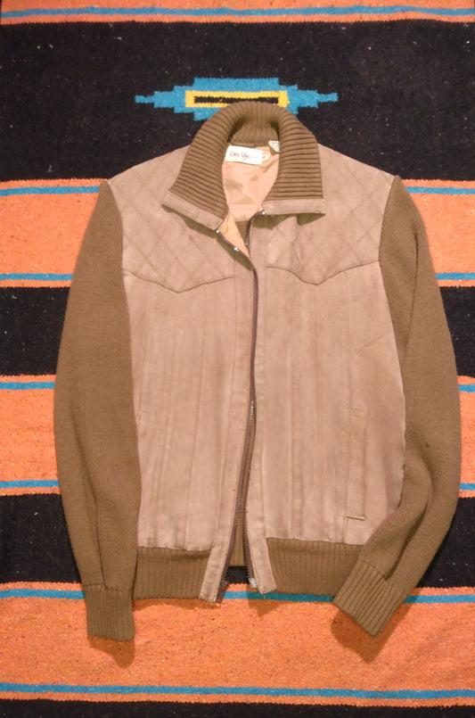 Vintage paneled zip up leather sweater jacket tan size medium