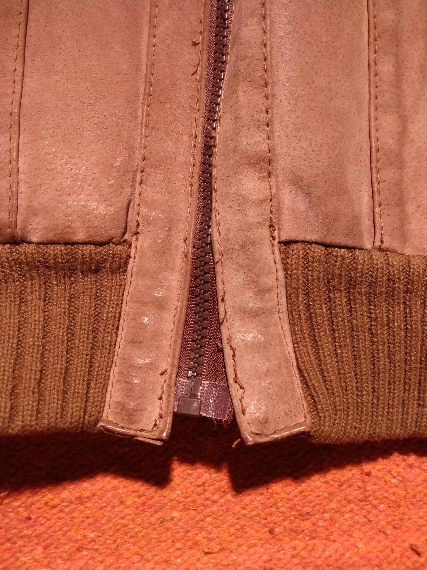 Vintage paneled zip up leather sweater jacket tan size medium