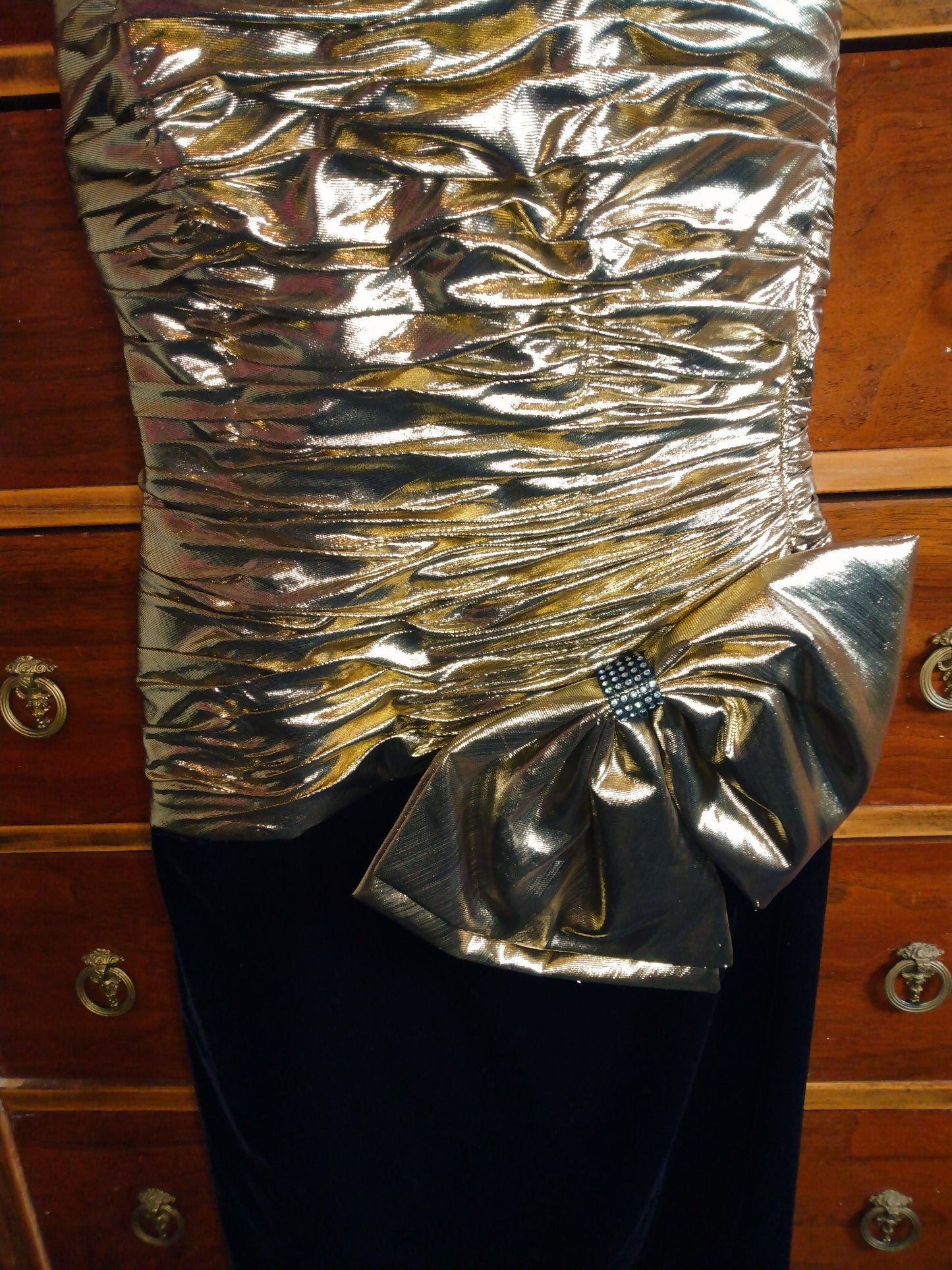 1980s gold taffeta and black velvet strapless mini dress