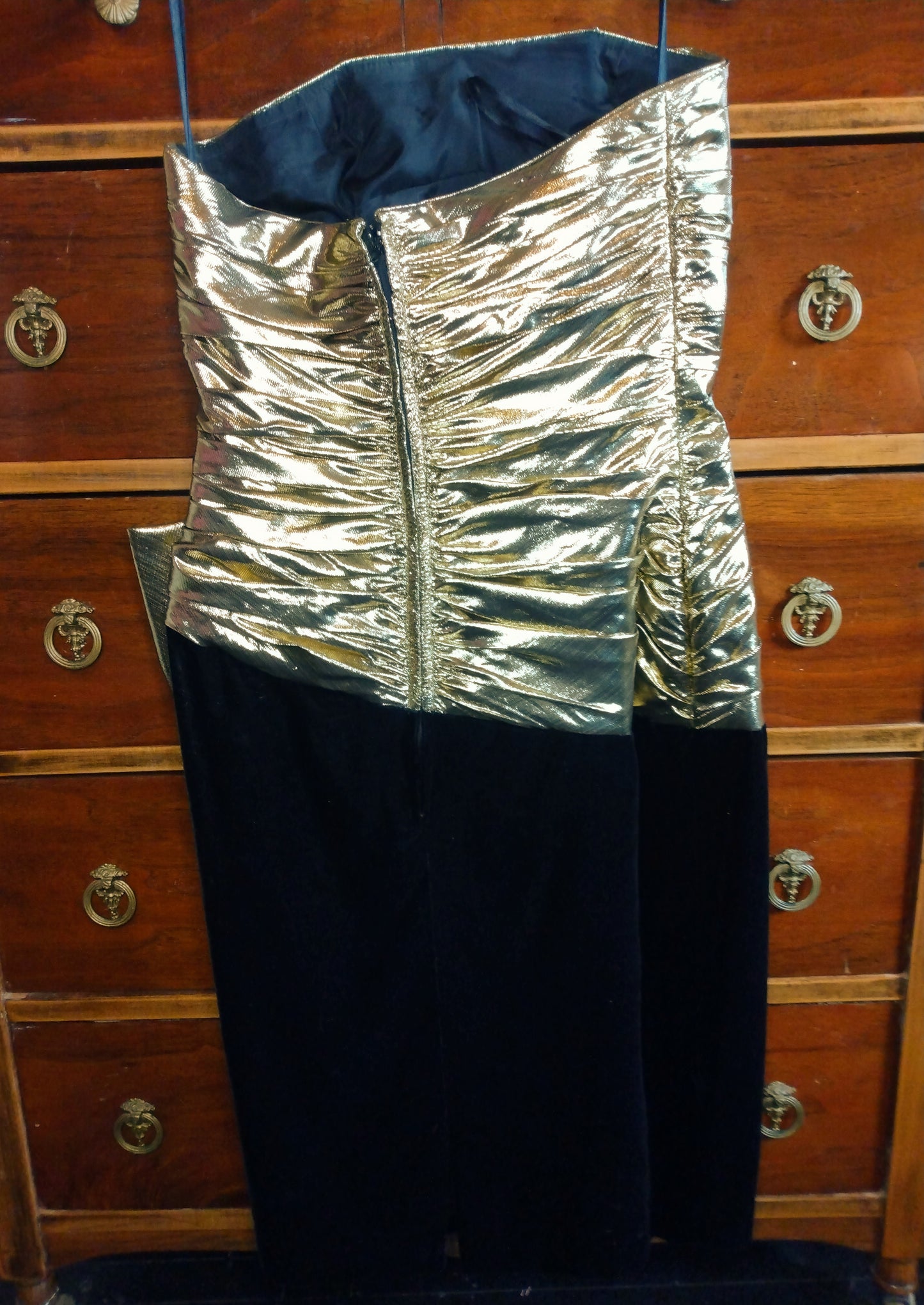 1980s gold taffeta and black velvet strapless mini dress