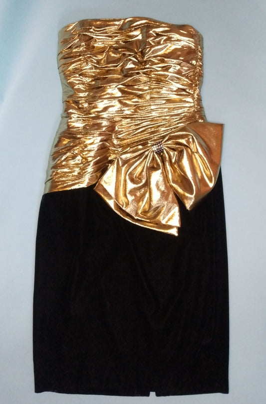 1980s gold taffeta and black velvet strapless mini dress